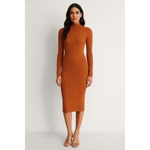 H&M‎ Ribbed Mock Neck Long Sleeve Bodycon Midi Dress Rust Orange Size S NWT